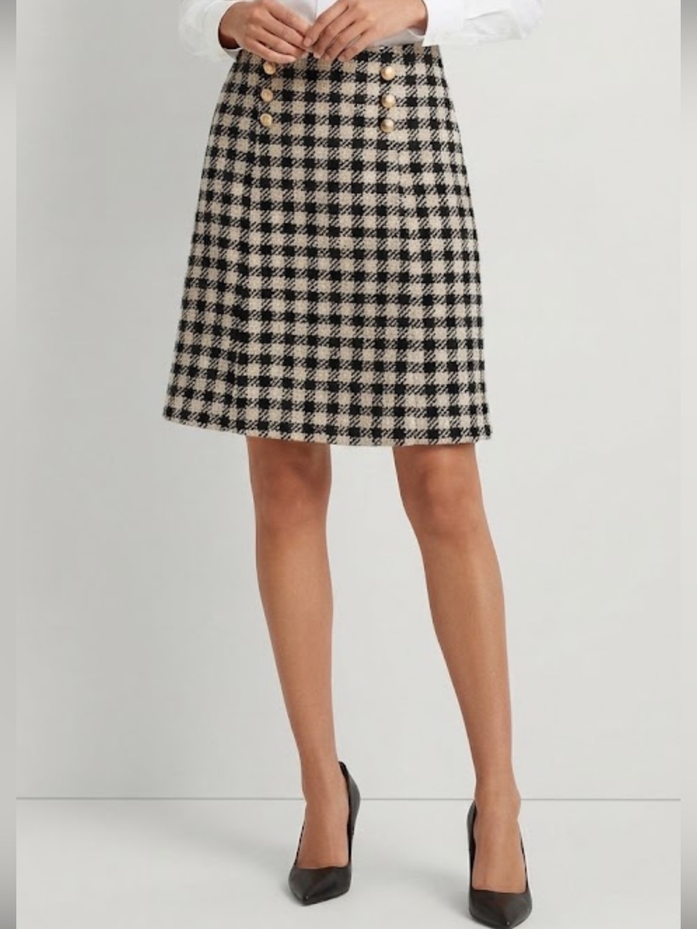 Talbots check houndstooth wool blend gold logo buttons skirt